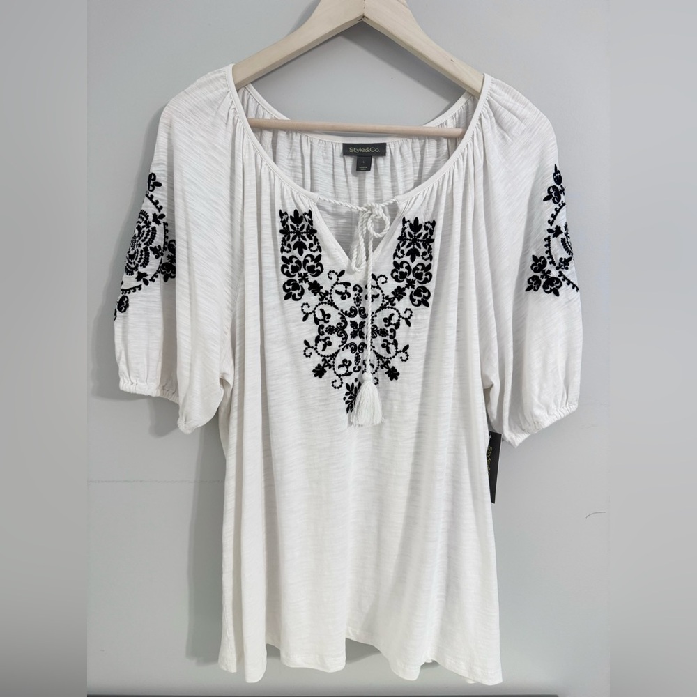 NEW Style & Co Embroidered Boho Peasant Top White Black Large Tassel Tie Neck
